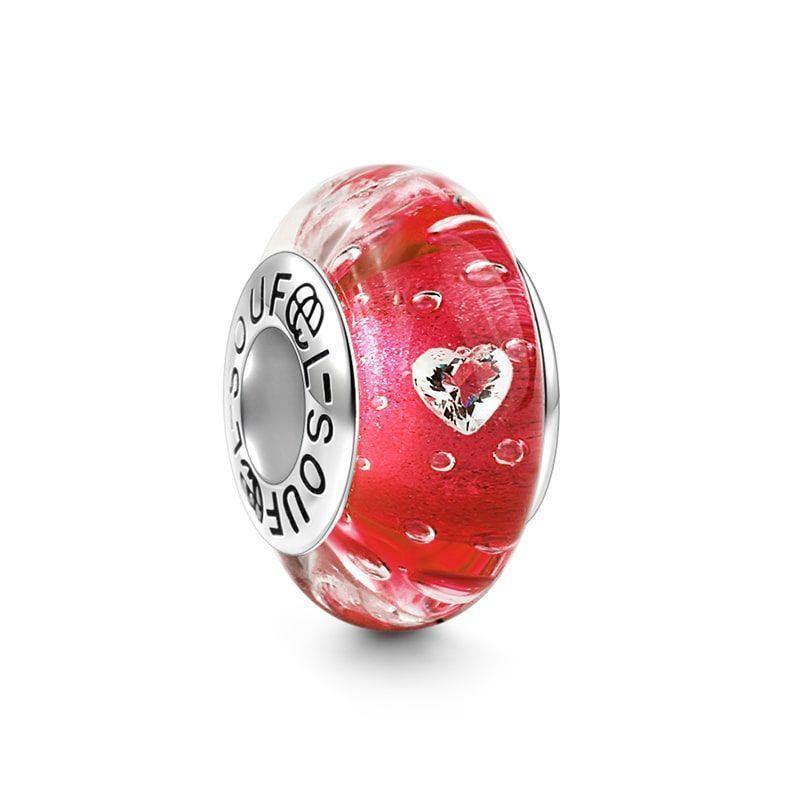 Red Fizzle Heart-shaped Crystal Charm Murano Glass Bead Silver - soufeelus