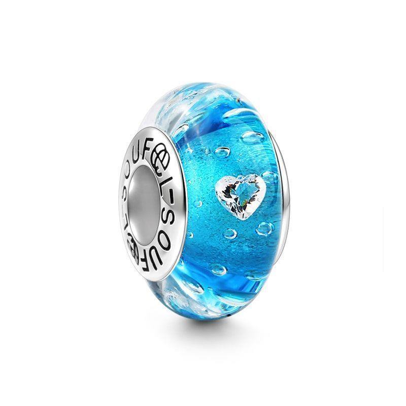 Blue Fizzle Heart-shaped Crystal Charm Murano Glass Bead Silver - soufeelus