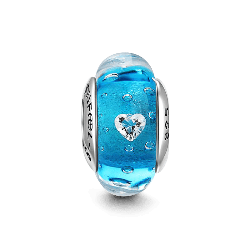 Blue Fizzle Heart-shaped Crystal Charm Murano Glass Bead Silver - soufeelus