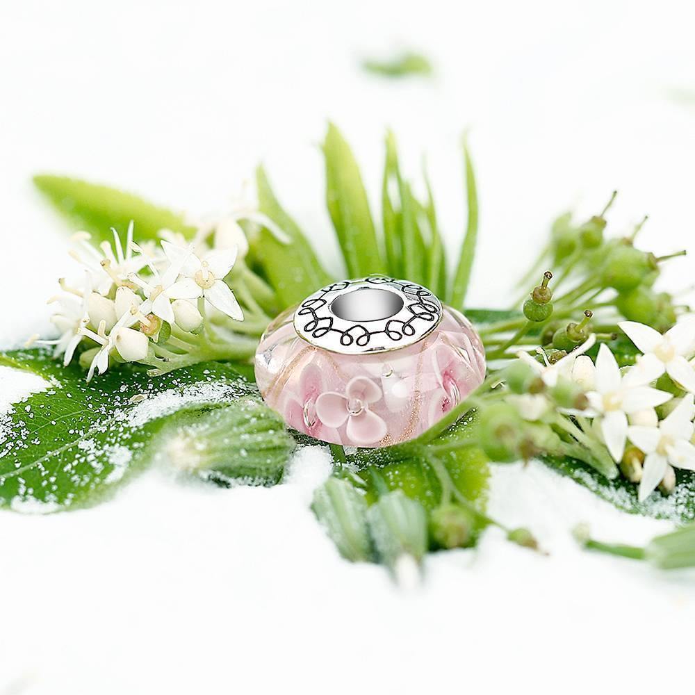 Pink Flower Charm Murano Glass Bead Silver Murano Glass - soufeelus