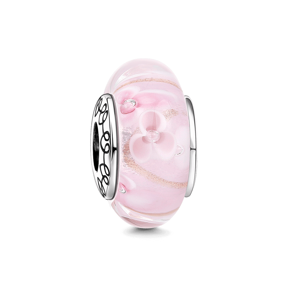 Pink Flower Charm Murano Glass Bead Silver Murano Glass - soufeelus