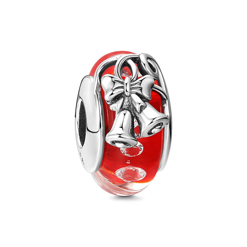 Christmas Bell Red Charm Murano Glass Bead Silver - soufeelus