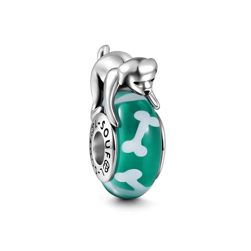 Dog and Bones Charm Glass Bead Silver - soufeelus