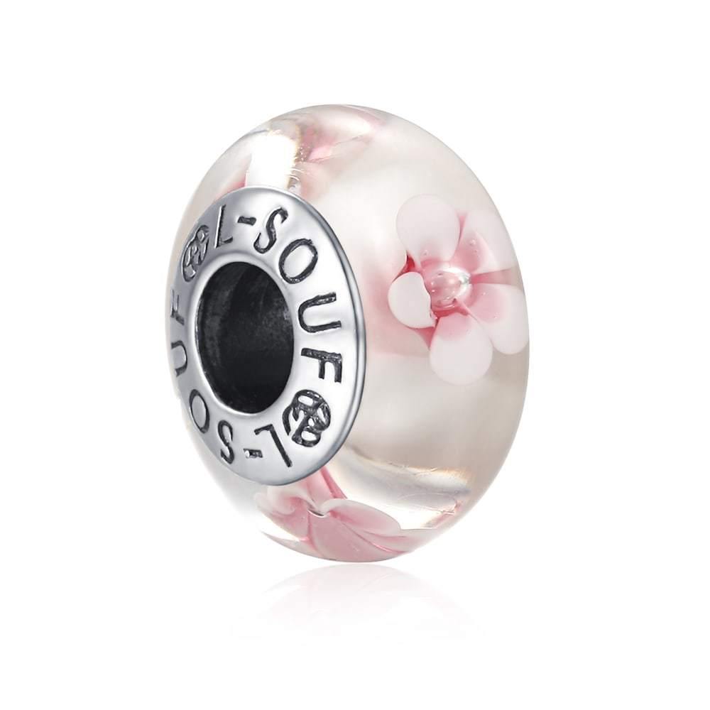Pink Peach Flower Charm Murano Glass Bead Silver - soufeelus