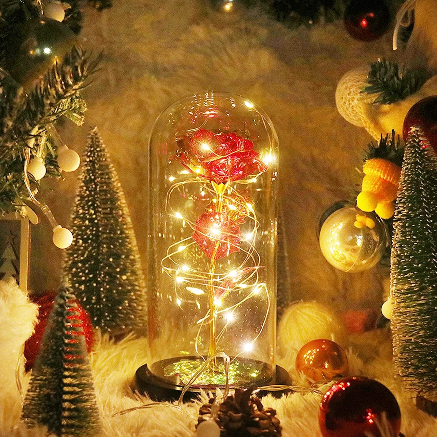Romantic Simulation Eternal Red Flower Glass Cover LED Micro Landscape Gifts at Christmas, Valentine's Day and Anniversary