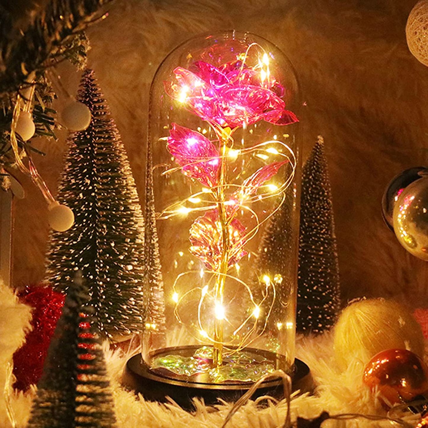 Romantic Simulation Eternal Pink Flower Glass Cover LED Micro Landscape Gifts at Christmas, Valentine's Day and Anniversary
