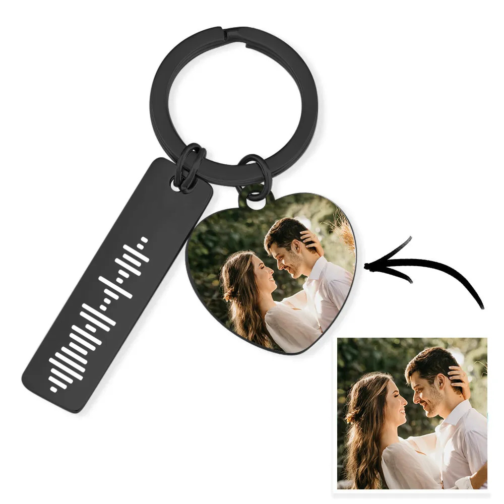 Personalized Scannable Music Code Keychain Custom Picture & Music Song Code Heart Couples Photo Keyring Gifts for Boyfriend - soufeelus