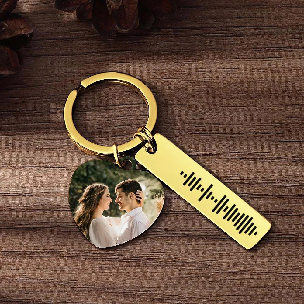 Personalized Scannable Music Code Keychain Custom Picture & Music Song Code Heart Couples Photo Keyring Gifts for Boyfriend - soufeelus