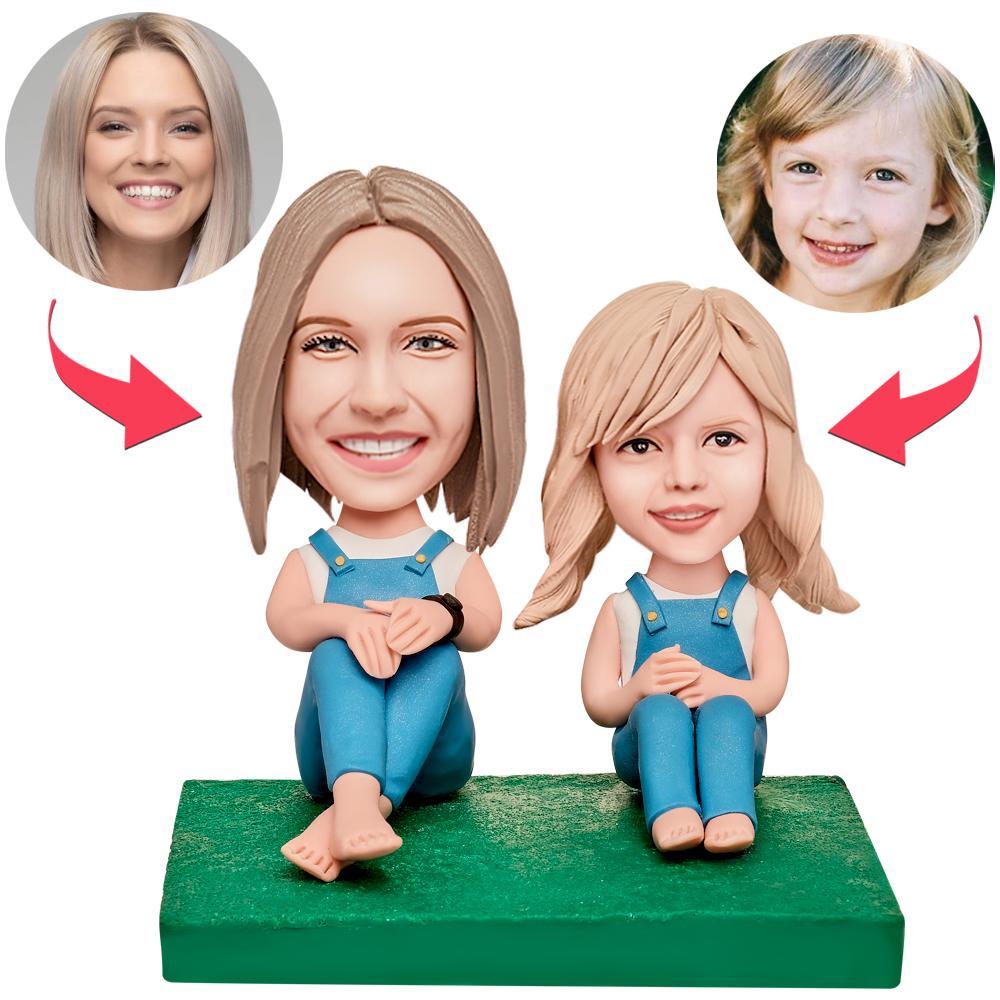 Mothers Day Gift Mother and Daughter in Suspenders Custom Bobblehead with Engraved Text -