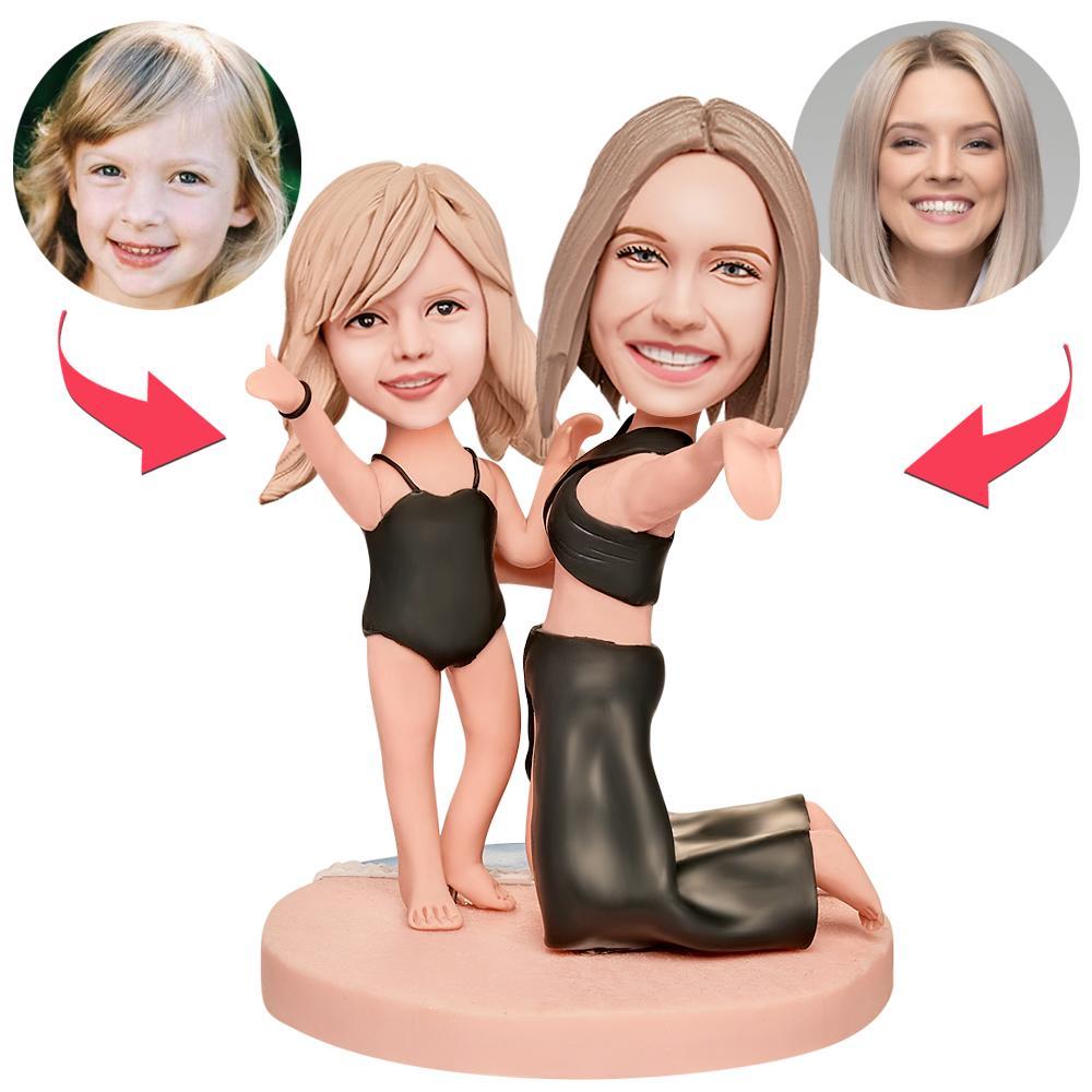 Mothers Day Gift Mother and Daughter in Swimsuits Custom Bobblehead with Engraved Text -