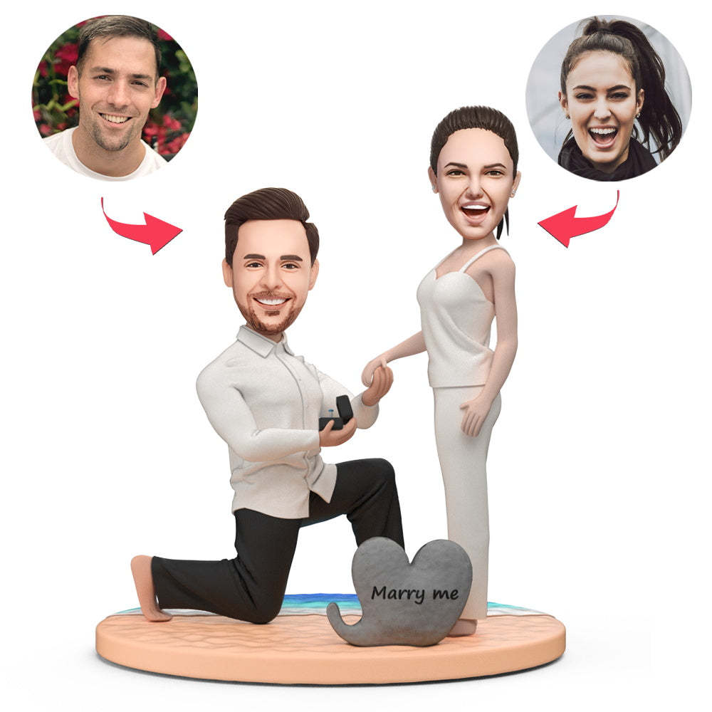 Proposing Couple On The Beach Custom Bobblehead with Engraved Text - soufeelus