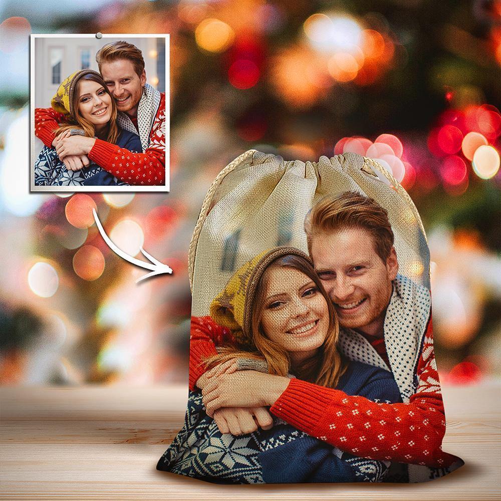 Custom Photo Drawstring Sack Wrapped Christmas Gifts for Couple - soufeelus