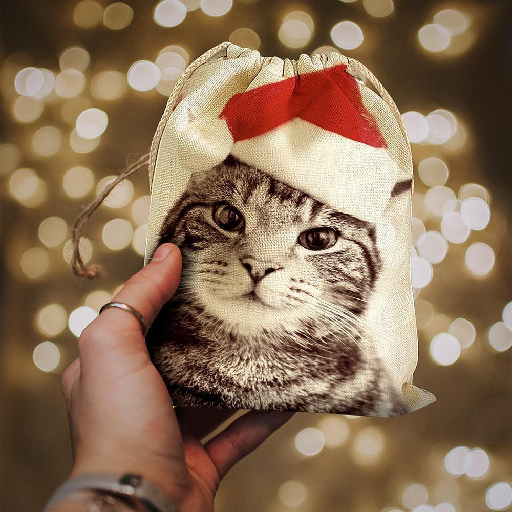 Custom Photo Drawstring Sack Wrapped Christmas Gifts for Pet Cat - soufeelus