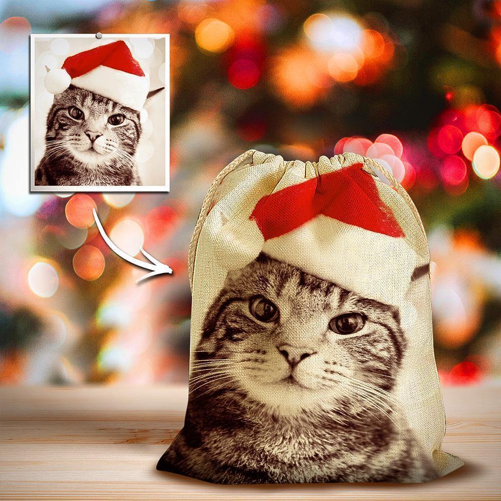 Custom Photo Drawstring Sack Wrapped Christmas Gifts for Pet Cat - soufeelus