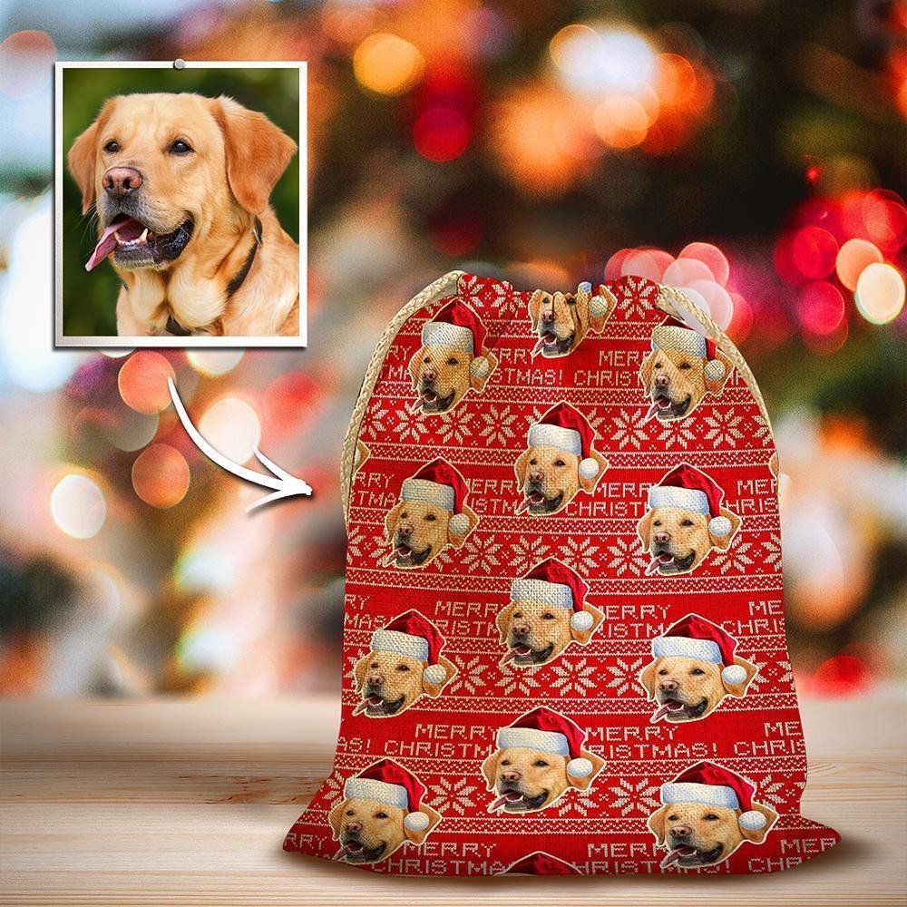 Custom Photo Face Drawstring Sack Wrapped Christmas Gifts for Pet Dog - soufeelus