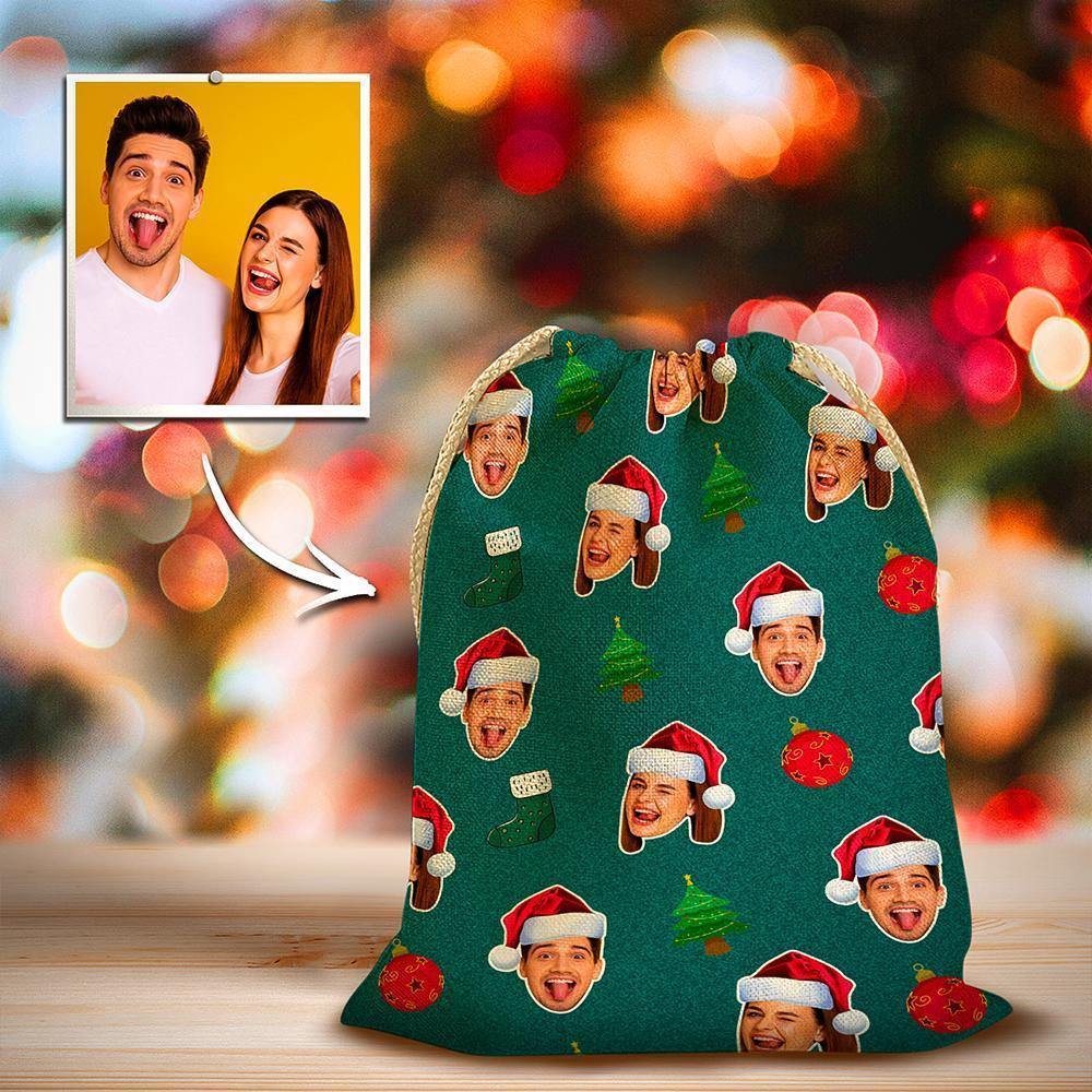 Custom Photo Face Drawstring Sack Wrapped Christmas Gifts for Couple - soufeelus