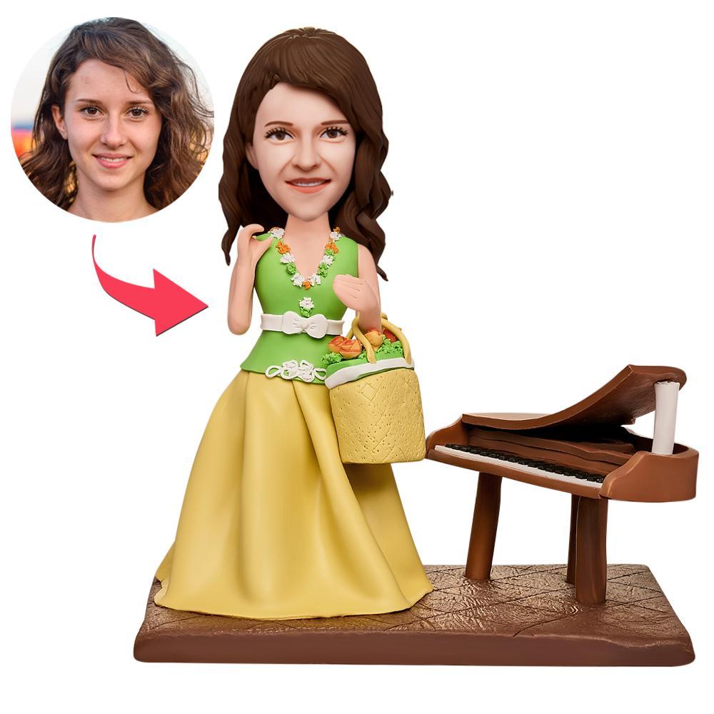 Female Pianist Standing by Piano Custom Bobblehead With Engraved Text -