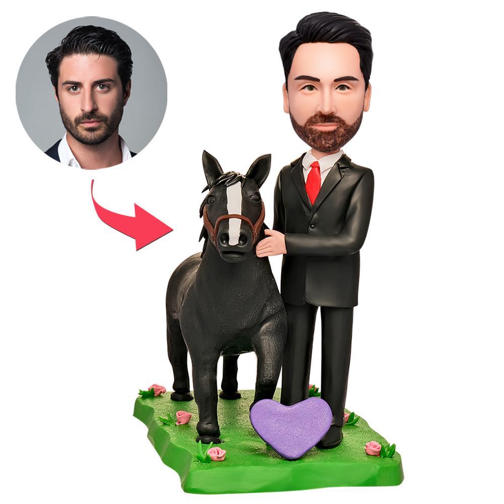 Male Standing beside Horse Custom Bobblehead With Engraved Text -