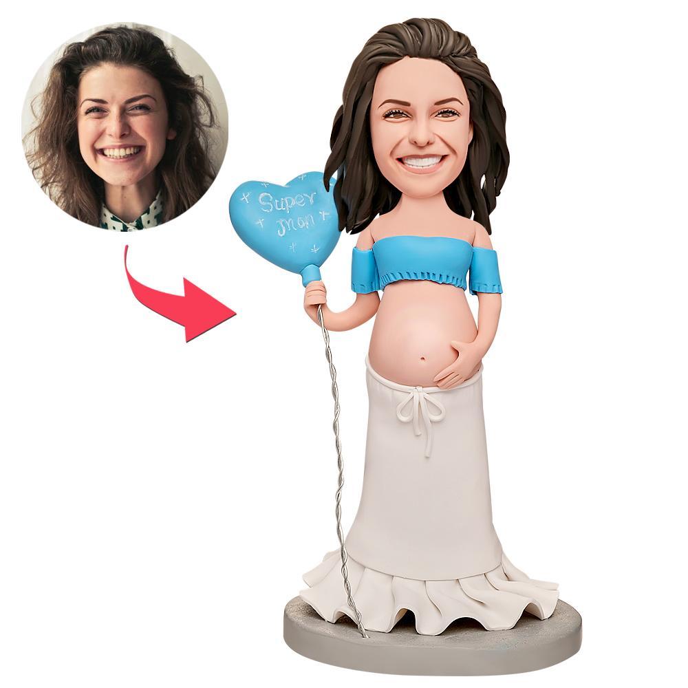 Pregnant Super Mom Holding Balloon Custom Bobblehead With Engraved Text - 