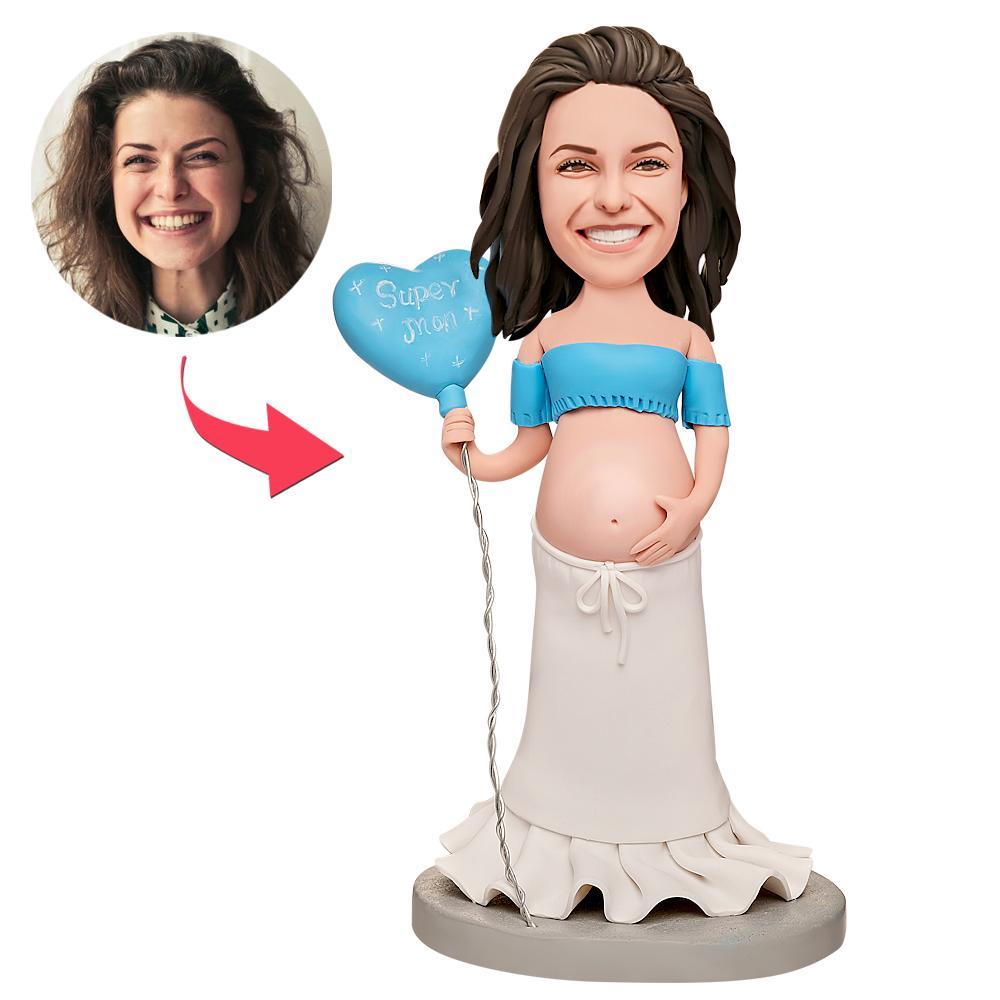 Pregnant Super Mom Holding Balloon Custom Bobblehead With Engraved Text -