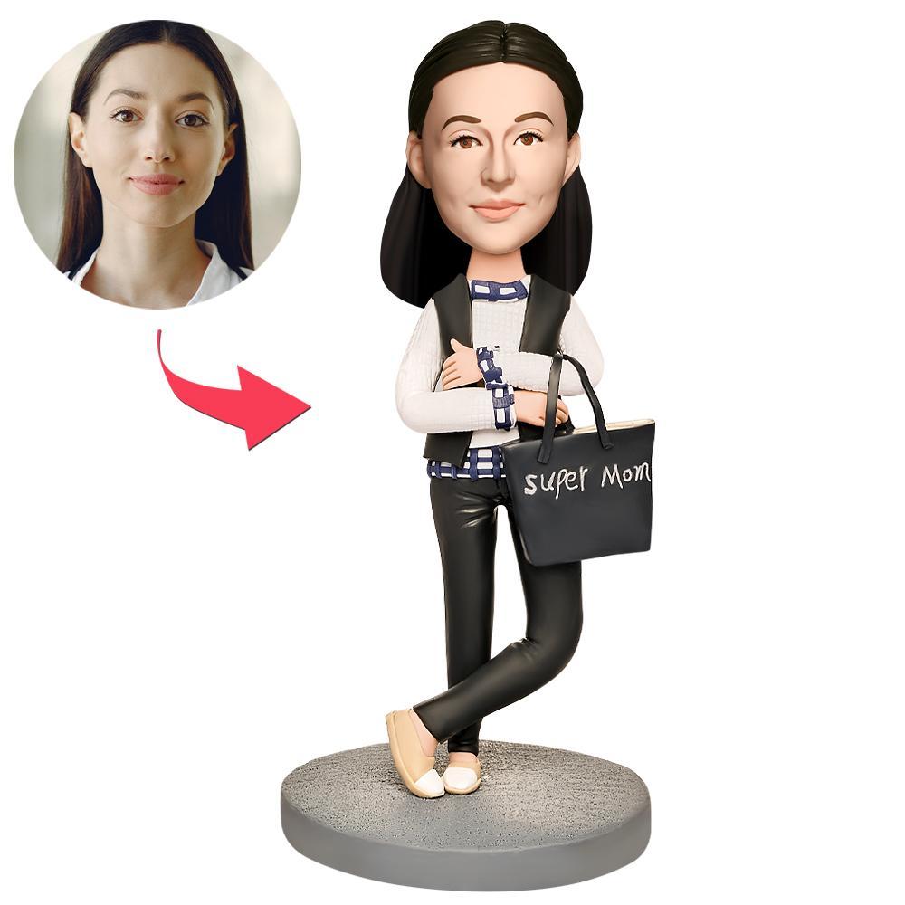 Mothers Day Gift Mom in a Black Jacket Custom Bobblehead with Engraved Text -