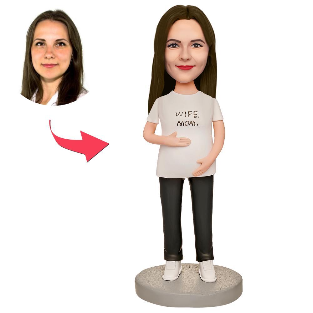 Mother's Day Gift Pregnant Woman in White T-shirt Custom Bobblehead with Engraved Text -