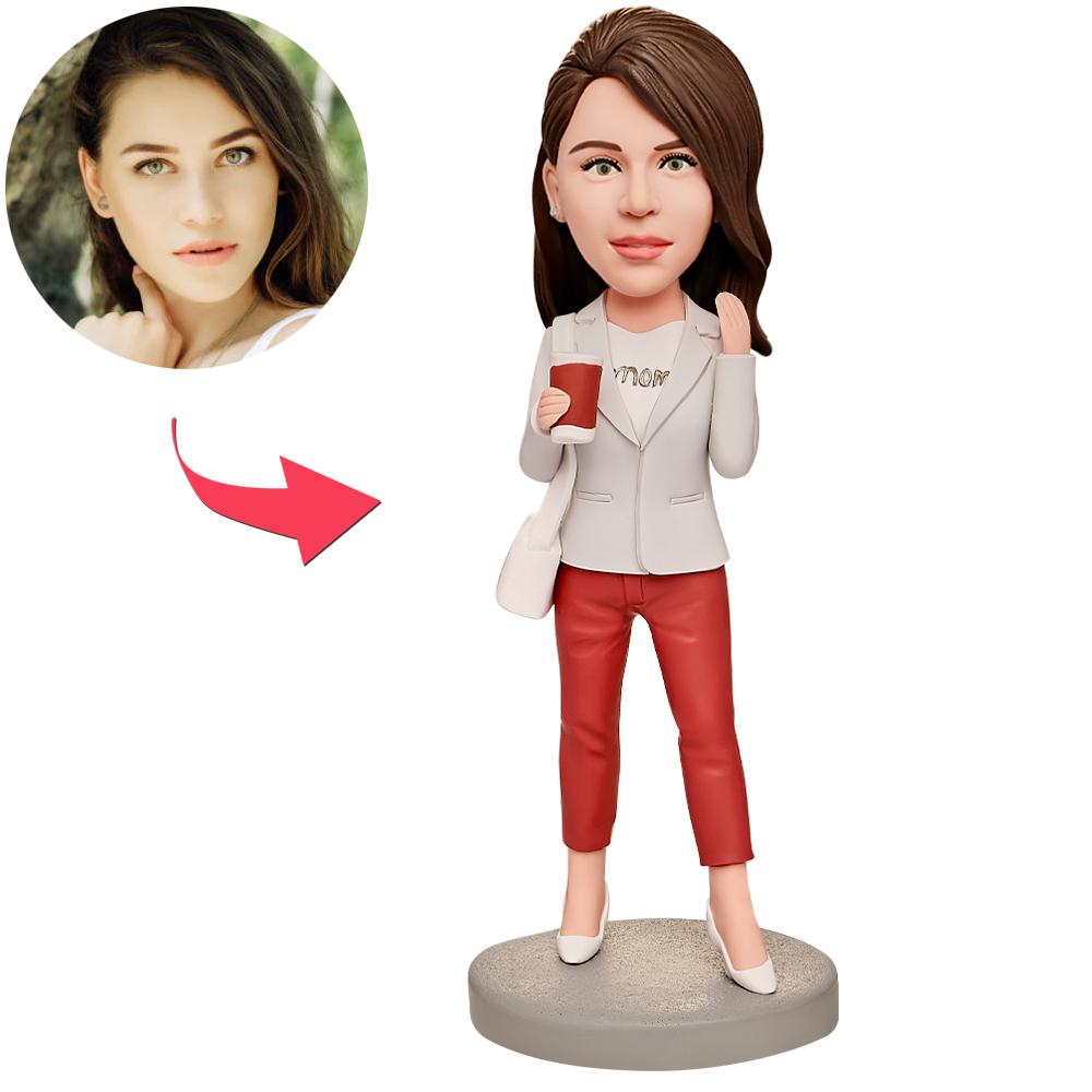 Mother's Day Gift Mom Holding Coffee Cup Custom Bobblehead with Engraved Text - 