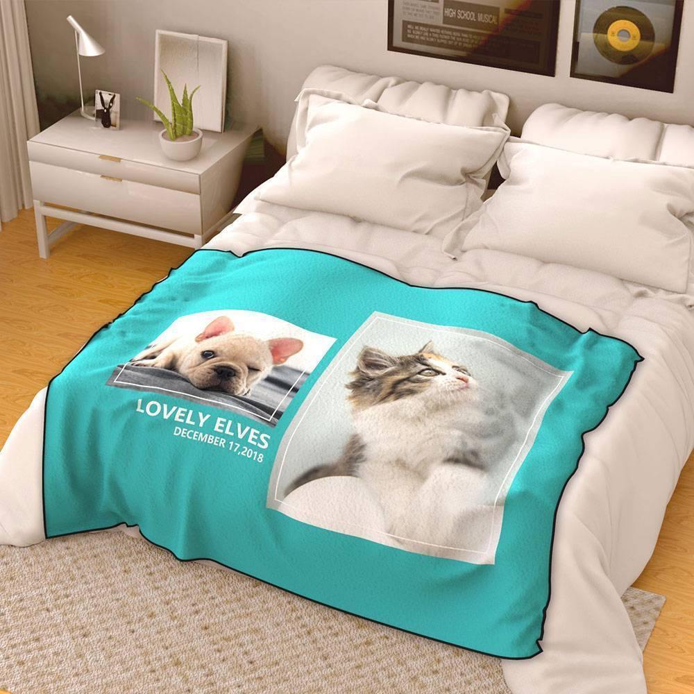 Custom Fleece Asymmetry 2 Photos Blanket with Engraving - soufeelus