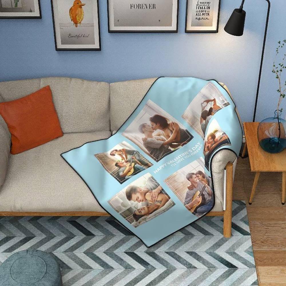 Custom Fleece Asymmetry 6 Photos Blanket with Engraving - soufeelus