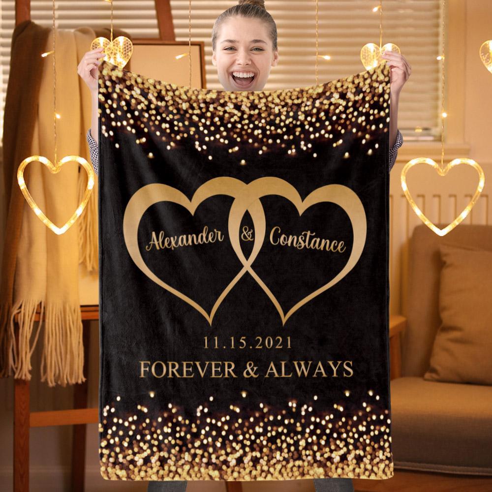 Valentine's Day Custom Two Hearts Blanket For Couples, Custom Name Blanket Gift For Anniversary