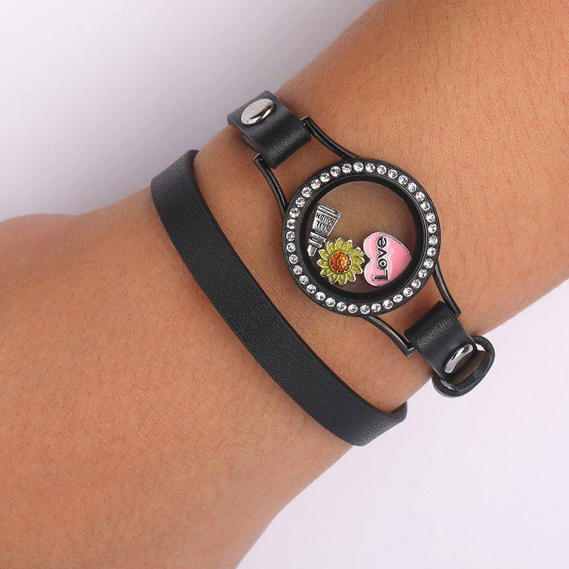 Black Leather Locket Bracelet with Crystal - soufeelus