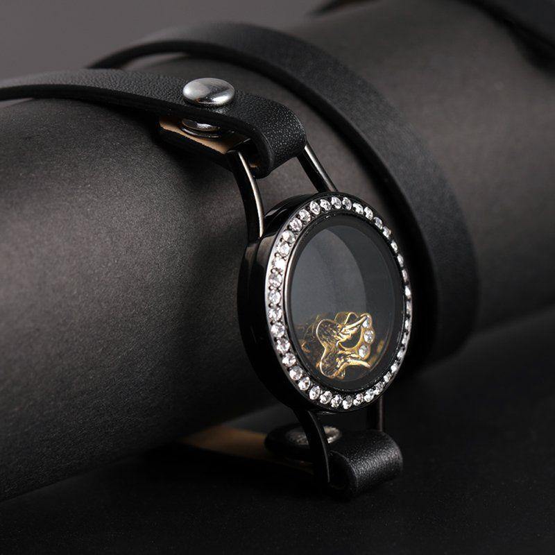 Black Leather Locket Bracelet with Crystal - soufeelus