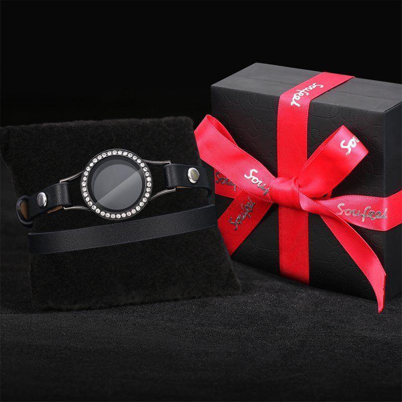 Black Leather Locket Bracelet with Crystal - soufeelus