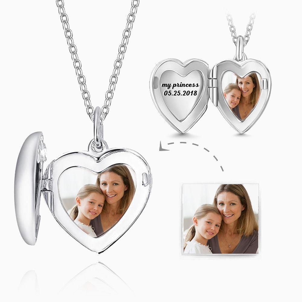 Engraved Heart Photo Locket Necklace Silver