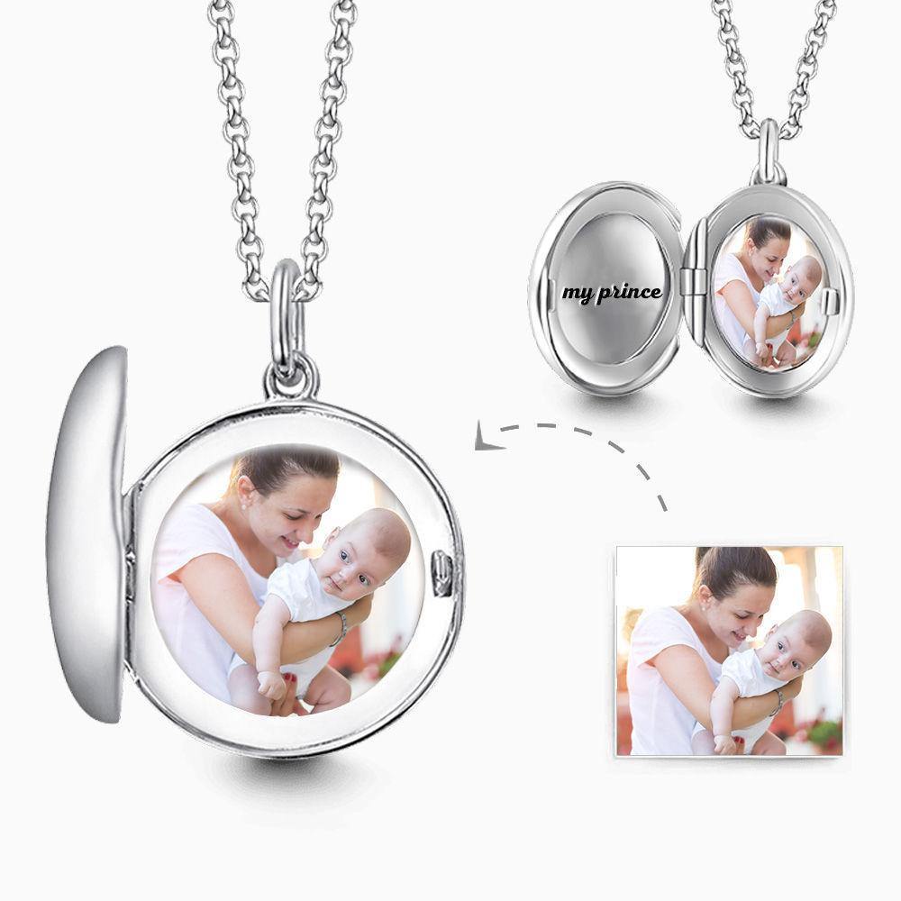 Engraved Round Photo Locket Necklace Silver - soufeelus