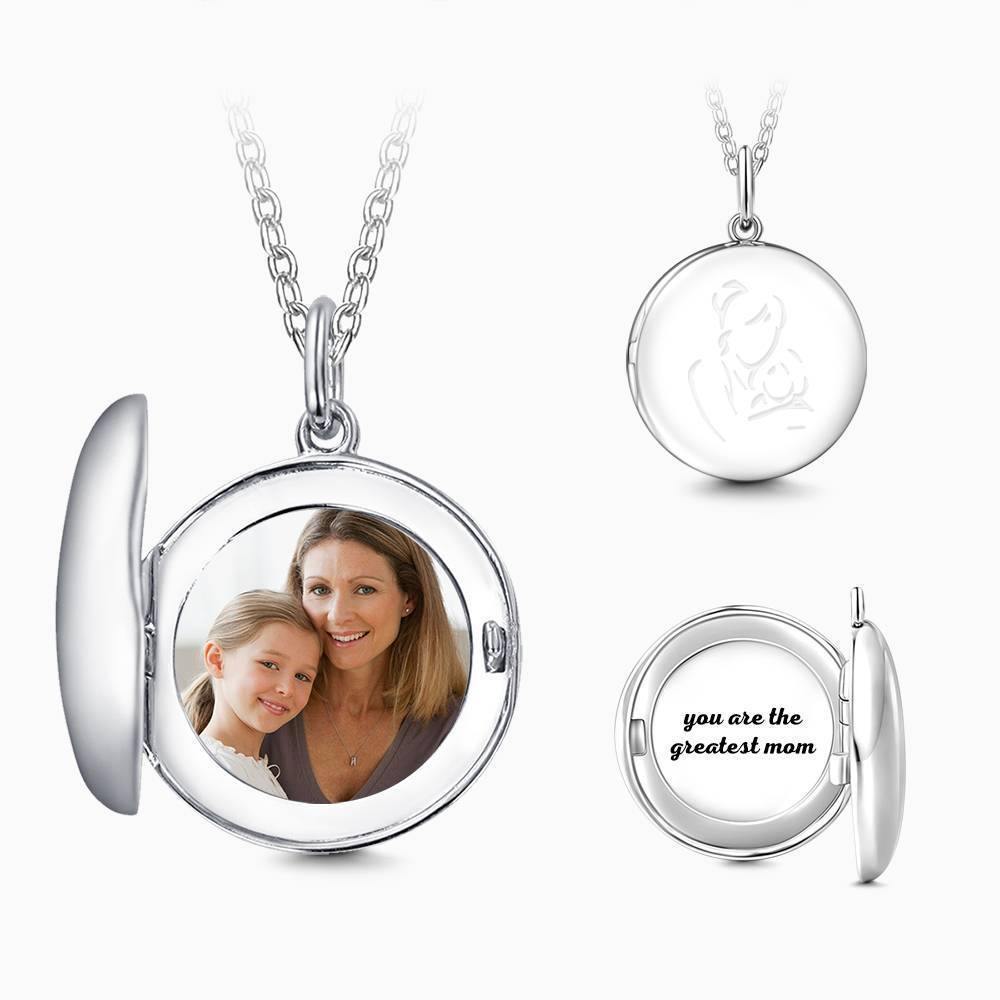 Mother's Necklace - Round Engraved Photo Necklace Silver - soufeelus
