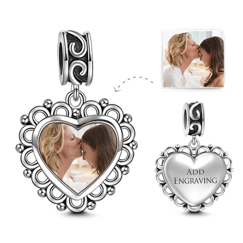 Heart Dangle Engraved Photo Charm Silver - soufeelus