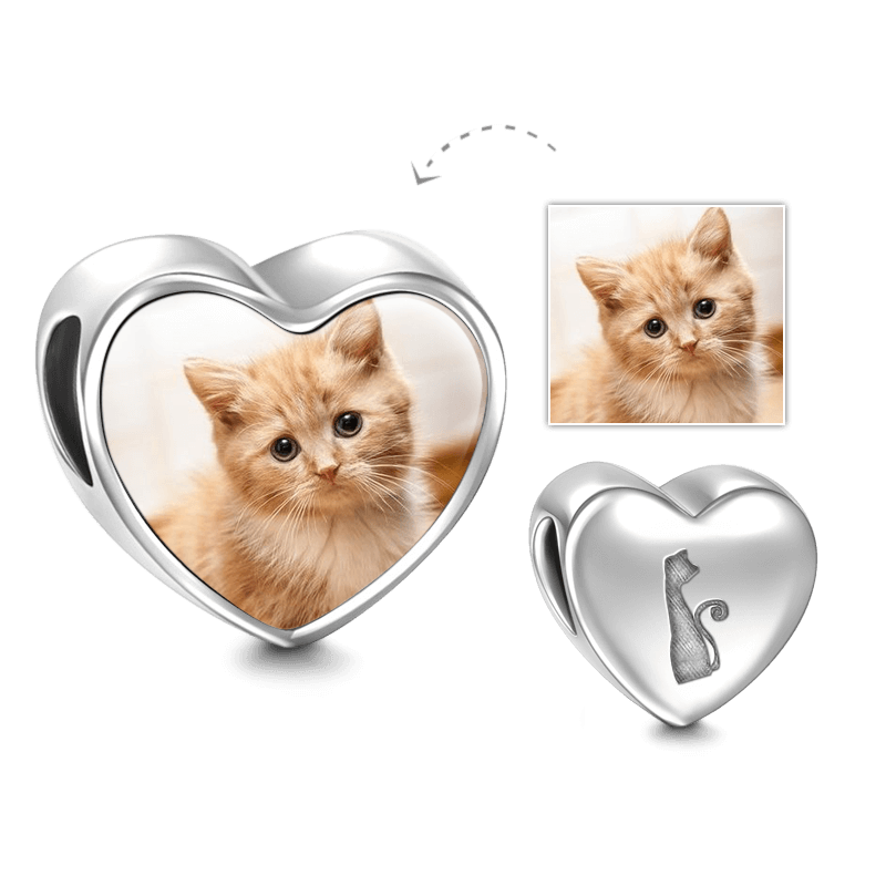 Pet Cat Heart Photo Charm Silver
