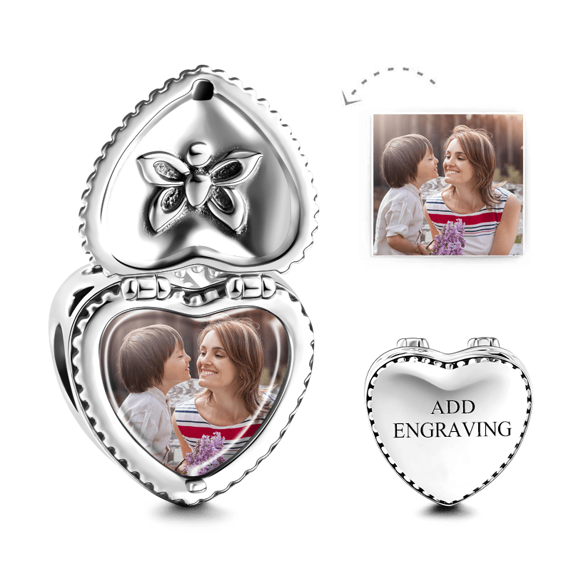 Heart Gift Box Engraved Photo Charm Silver - soufeelus