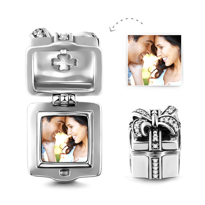 Pave CZ Gift Box Photo Charm Silver - soufeelus