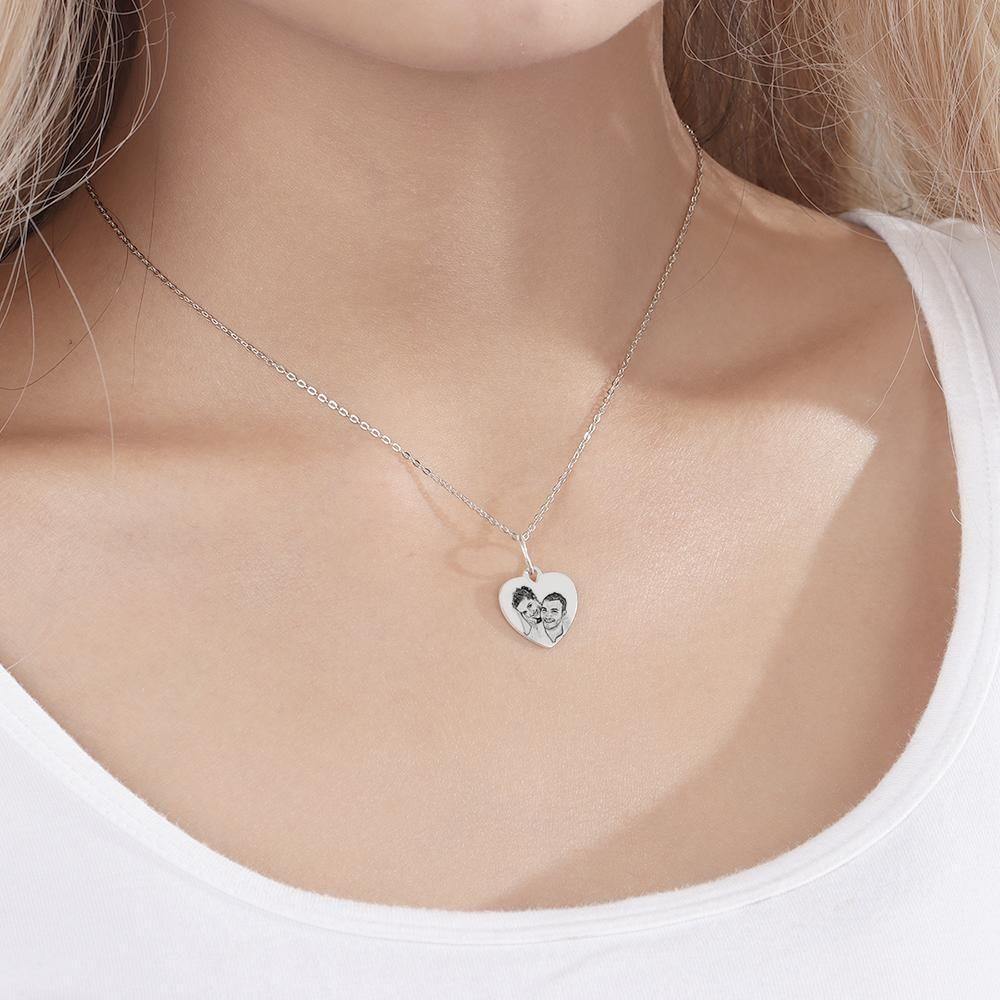 Engraved Heart Shadow Carving Photo Necklace Silver - soufeelus