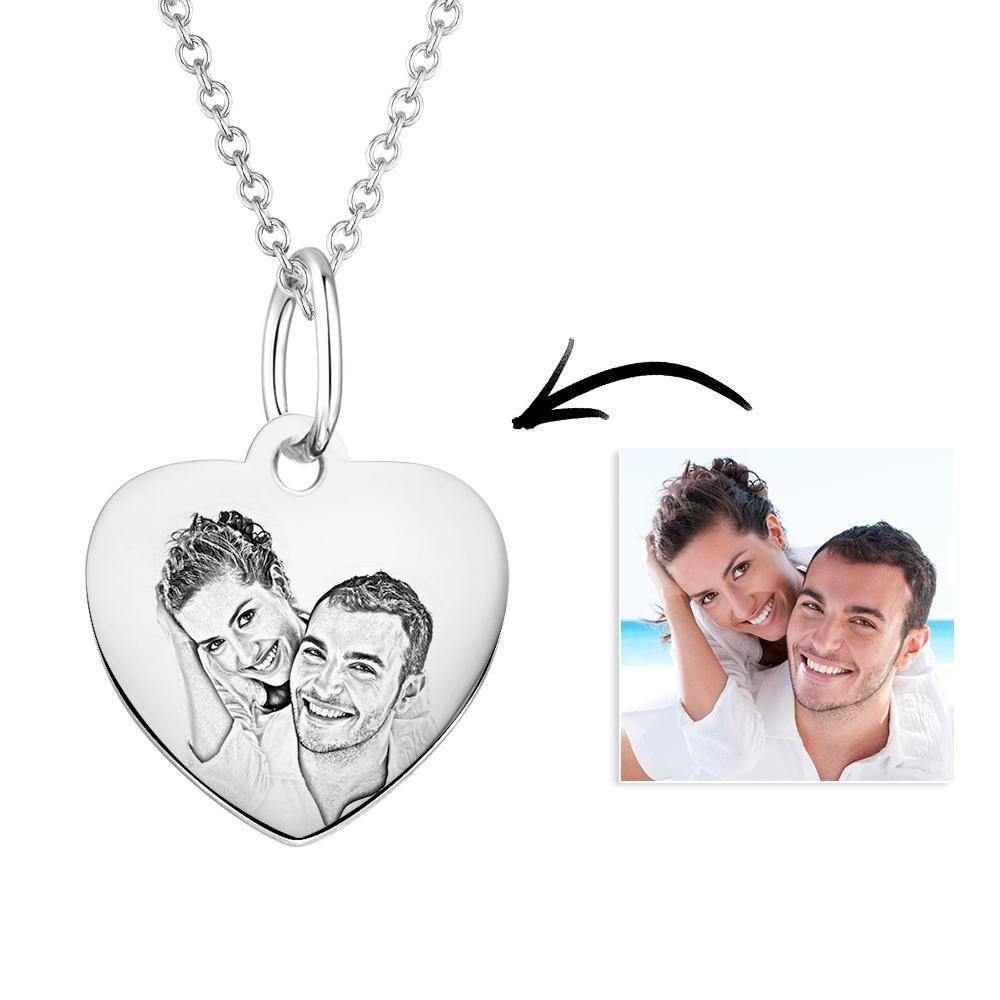 Engraved Heart Shadow Carving Photo Necklace Silver - soufeelus