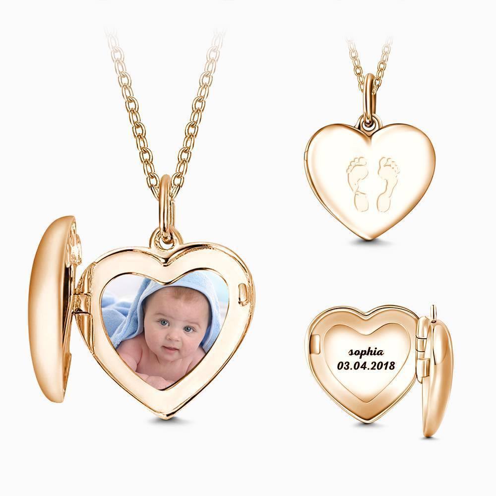 Mother's Necklace - Heart Engraved Photo Necklace Rose Gold Plated Silver - soufeelus