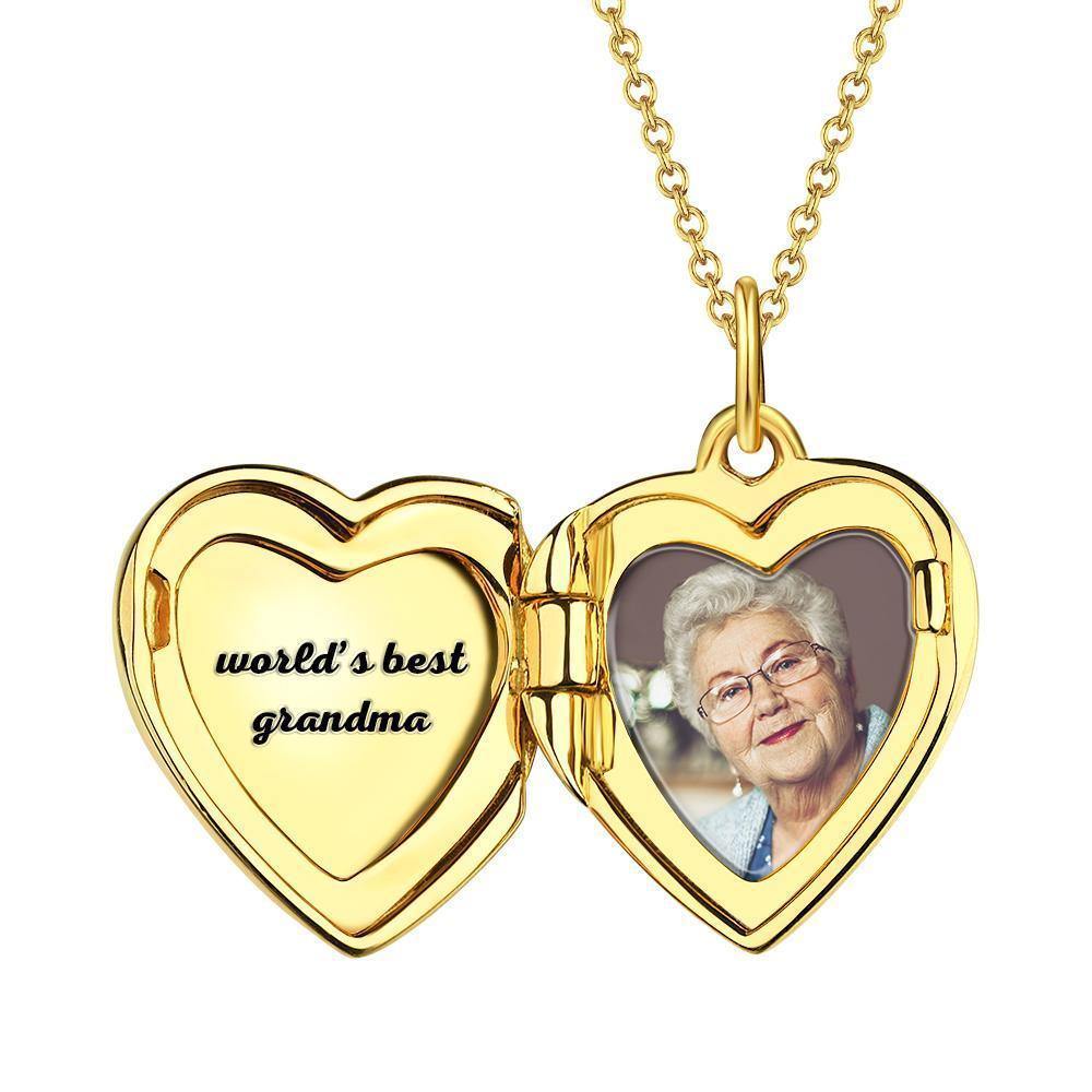 Engraved Heart Photo Locket Necklace 14k Gold Plated Silver - soufeelus