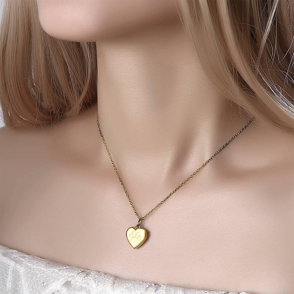 Pawprint Heart Engraved Photo Necklace 14k Gold Plated Silver - soufeelus