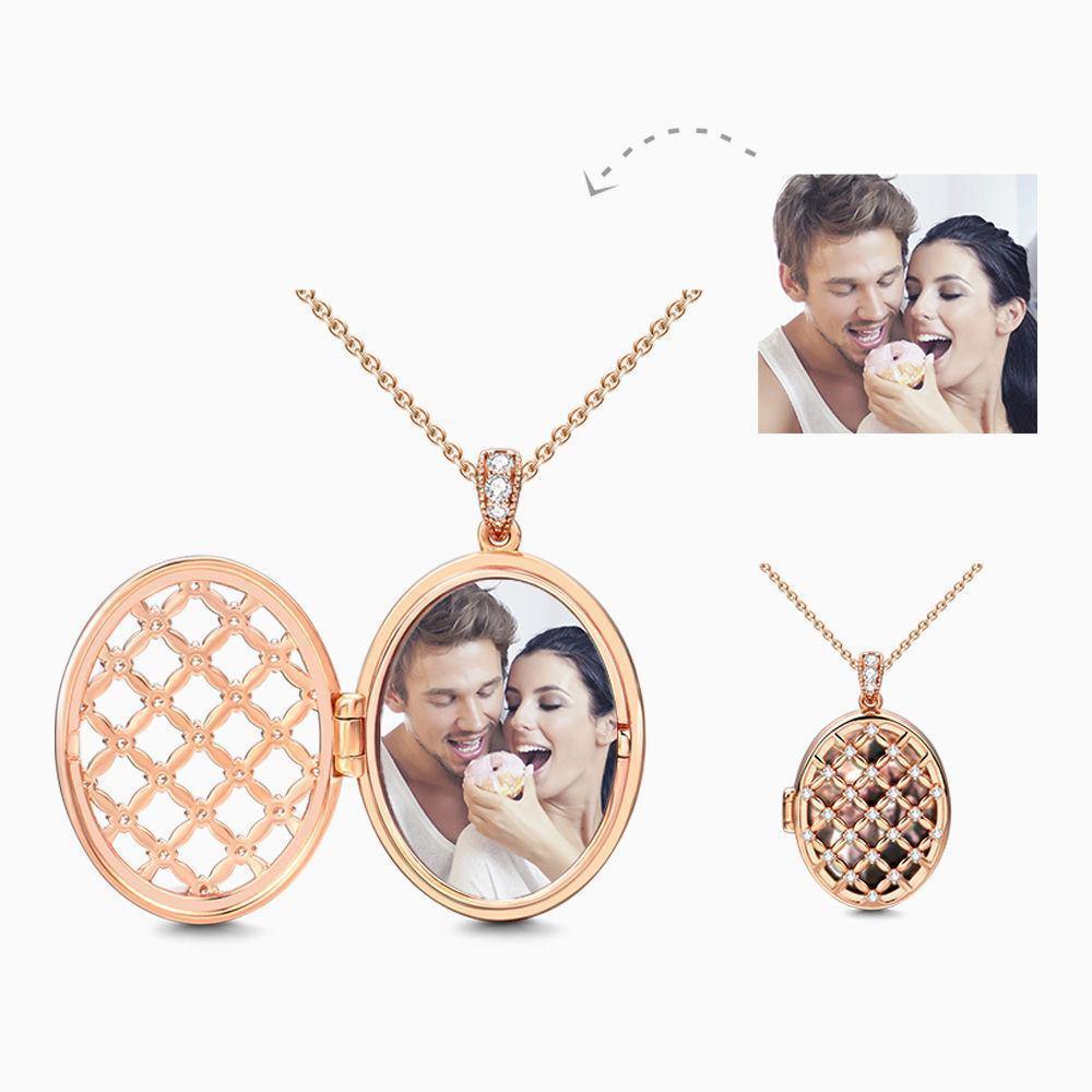 Oval Photo Locket Necklace with CZ Rose Gold Plated Silver - soufeelus