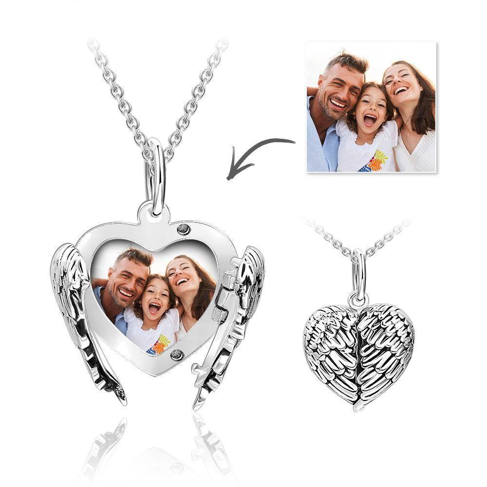 Engravable Photo Locket Necklace Personalized Heart Angel Wings Sterling Silver Gift For Mom - soufeelus