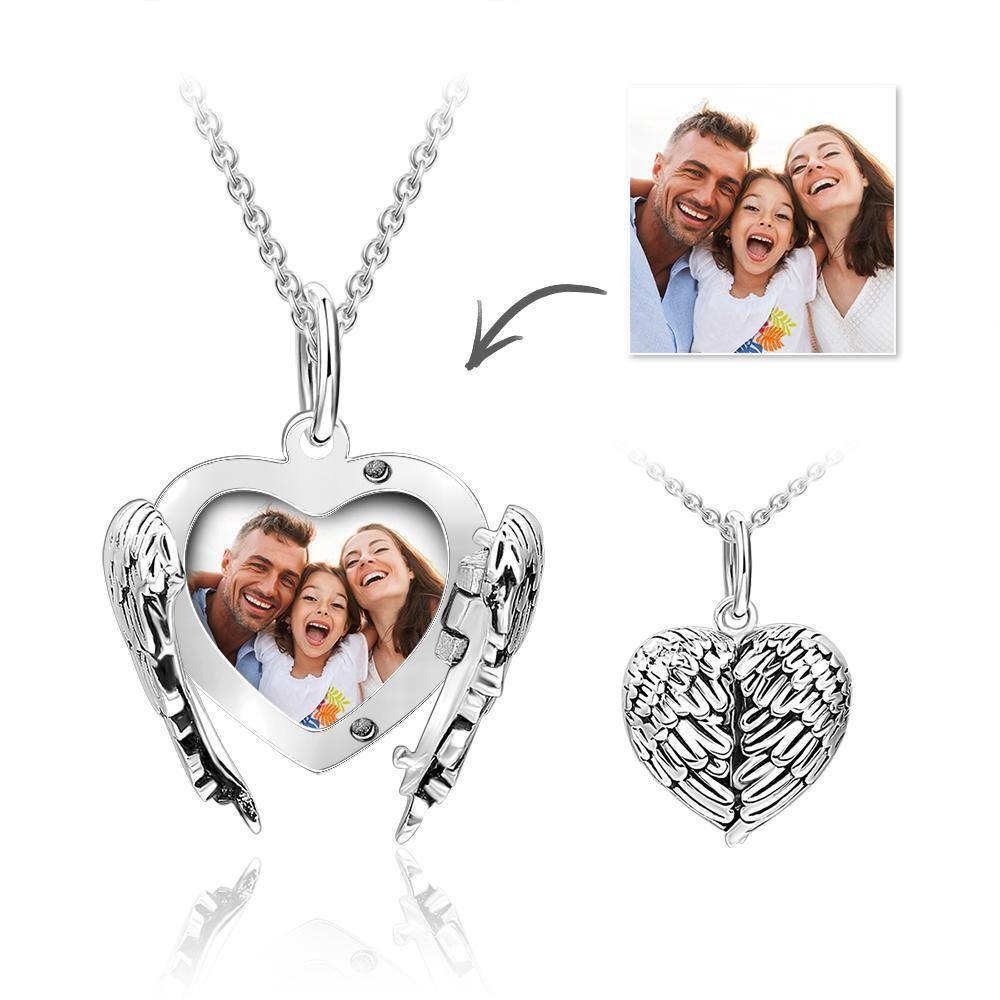 Engravable Photo Locket Necklace Personalized Heart Angel Wings Sterling Silver