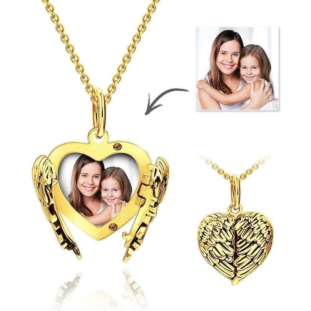 Engravable Photo Locket Necklace Heart Angel Wings Couple's Gifts Gold Plated Silver - soufeelus