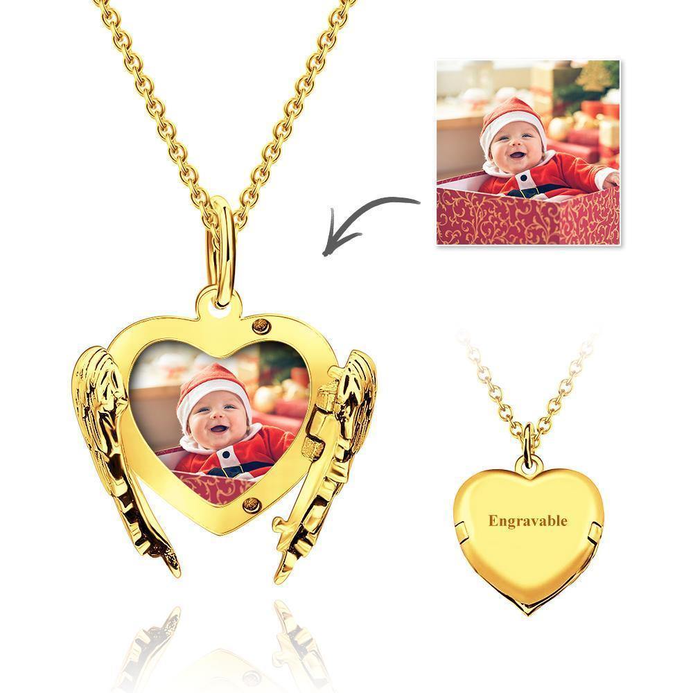 Photo Locket Necklace with Engraving Heart Angel Wings Rose Gold Plated Silver - soufeelus